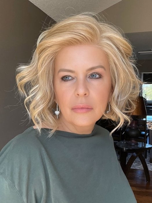 Donna @style.me.ageless wearing LOS ANGELES by BELLETRESS in color BUTTERCREAM BLONDE | A combination of Gold Blonde, Neutral Blonde, Sandy Blonde, with Pure Blonde highlights