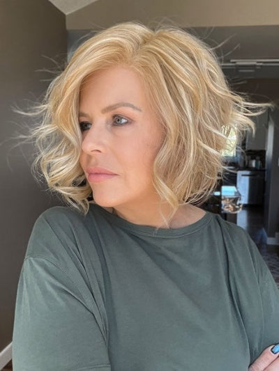 Donna @style.me.ageless wearing LOS ANGELES by BELLETRESS in color BUTTERCREAM BLONDE | A combination of Gold Blonde, Neutral Blonde, Sandy Blonde, with Pure Blonde highlights