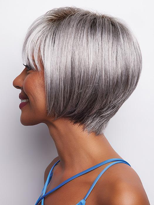 SILVER-STONE-R | Silver Medium Brown Blend That Transitions To More Silver Then Medium Brown Then To Silver Bangs with Black Roots