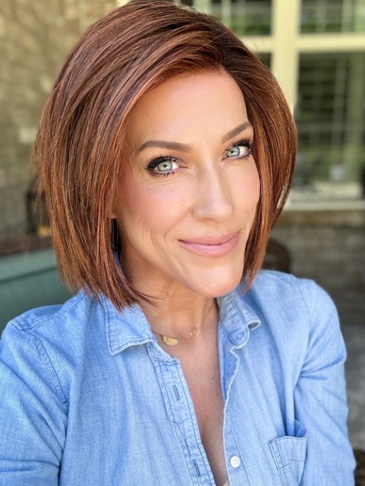 Kristyna Moore @kristynamoore wearing LIA II by ELLEN WILLE in color CINNAMON BROWN ROOTED 33.30.130 | Dark Auburn, Light Auburn and Deep Copper Brown with Dark Shaded Roots