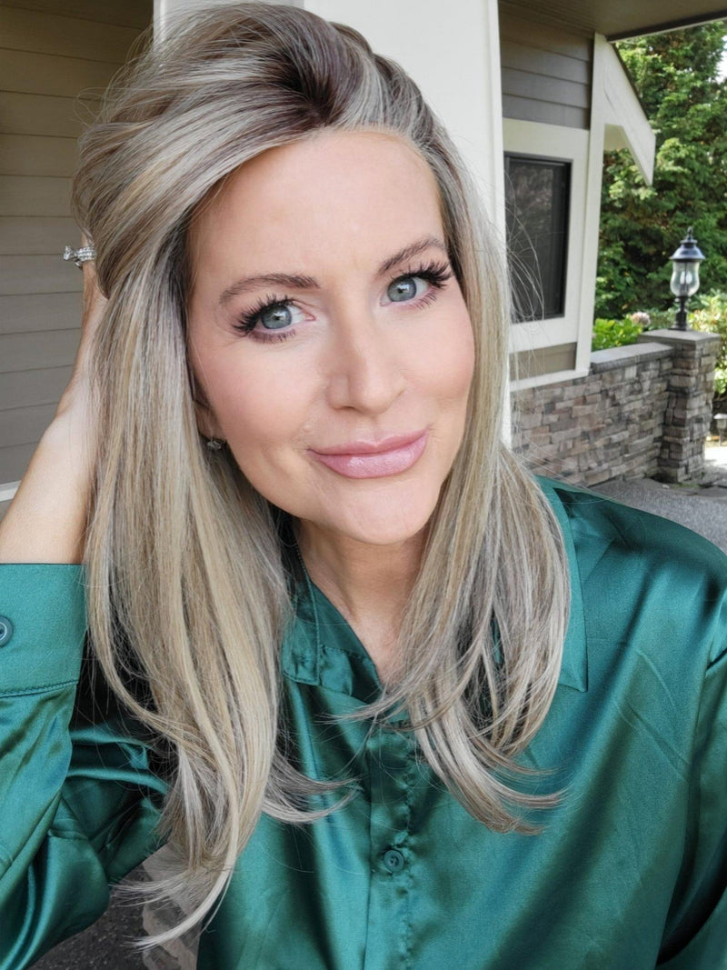 Natalie Gray @vanish.into.thin.hair wearing CELINE by BELLETRESS in SHAKEN OATMILK BLONDE R | A Medium and Light Brown Base with Cool and Neutral Blonde, and Light Blonde Highlights with a Medium Brown Root