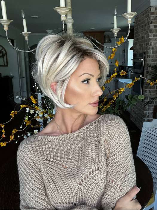 Jenna Fail @jenna_fail wearing PIXIE LITE by TRESSALLURE WIGS in color 613/1001/R18 | Vanilla Blonde Platinum White Blend Rooted Ash Brown