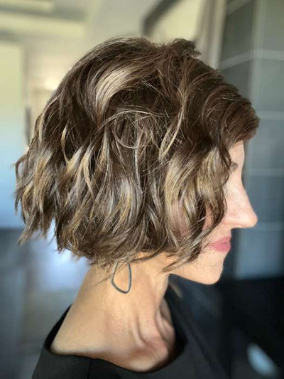 Lisa Mullins @beautifulyouwigreviews wearing DANCE by ELLEN WILLE in color MOCCA ROOTED 830.12.20 | Medium Brown, Light Brown, and Light Auburn Blend with Dark Roots