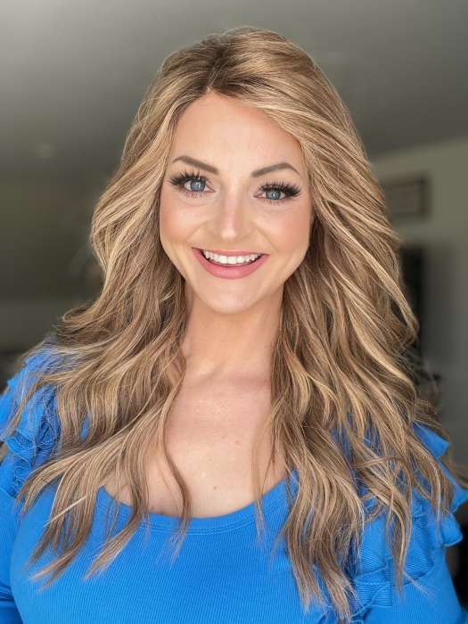 Sandy Holston @i_be_wiggin wearing DIAMOND by ELLEN WILLE in color LIGHT BERNSTEIN ROOTED 14.27.26 | Medium Ash Blonde and Dark Strawberry Blonde with Light Golden Blonde Blend | heat styled with curls