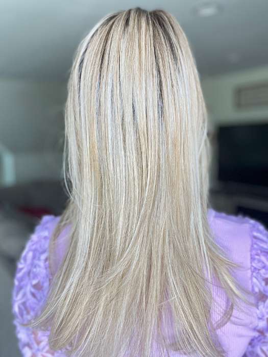 Sandy H. @i_be_wiggin wearing MIRAGE by ELLEN WILLE in color CHAMPAGNE-ROOTED 24.25.20 | Light Beige Blonde, Medium Honey Blonde, and Platinum Blonde Blend with Dark Roots