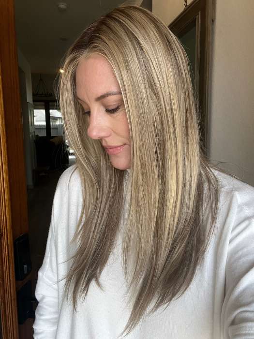 Jenny B. @thewiggygirl wearing BLATE LITE by JON RENAU in color 12FS8 SHADED PRALINE | Light Gold Brown, Light Natural Gold Blonde & Pale Natural Gold-Blonde Blend, Shaded with Medium Brown