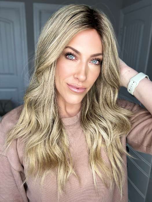 Kristyna @kristynamoore wears BRENNA (curled) by JON RENAU in color 24BT18S8 SHADED MOCHA | Medium Natural Ash Blonde and Light Natural Gold Blonde Blend, Shaded with Medium Brown | The wig pictured has been heat styled