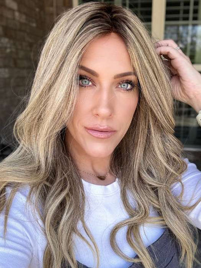 Kristyna @kristynamoore wears BRENNA (curled) by JON RENAU in color 24BT18S8 SHADED MOCHA | Medium Natural Ash Blonde and Light Natural Gold Blonde Blend, Shaded with Medium Brown | The wig pictured has been heat styled