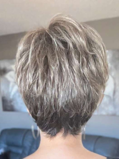 Donna @style.me.ageless wearing CHOPPED PIXIE by TRESSALLURE in color 52/38/49/R8 | 3 Tones of Grey blended with Dark Brown Roots