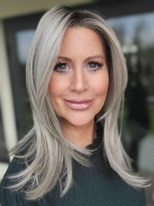 Natalie Gray @vanish.into.thin.hair wearing AFFAIR HI by ELLEN WILLE in color PEARL ROOTED 101.14 | Pearl Platinum and Medium Ash Blonde Blend with Shaded Roots