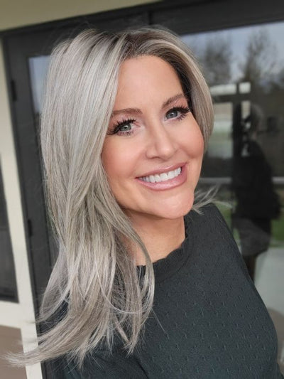 Natalie Gray @vanish.into.thin.hair wearing AFFAIR HI by ELLEN WILLE in color PEARL ROOTED 101.14 | Pearl Platinum and Medium Ash Blonde Blend with Shaded Roots