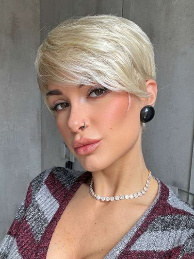 Maria @mariasoccorsalaforge wearing AMARA by RENE OF PARIS in color CREAMY-BLONDE | Platinum and Light Gold Blonde Evenly Blended