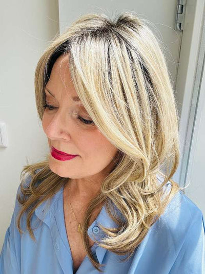 Mel B. @mels.be.ageless wearing VOICE by ELLEN WILLE in color SANDY BLONDE ROOTED 16.22.20 | Medium Blonde, Light Neutral Blonde, and Light Strawberry Blonde Blend with Shaded Roots