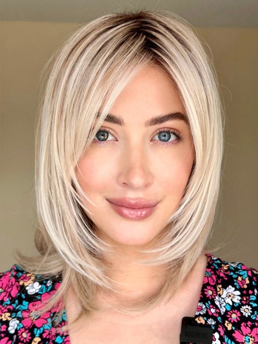 Steph @wigswithsteph wears LUNA by ELLEN WILLE in LIGHT-CHAMPAGNE-SHADED 101.23.20 | Lightest Neutral Blonde with Light Blonde and Silver White blend with light shaded roots