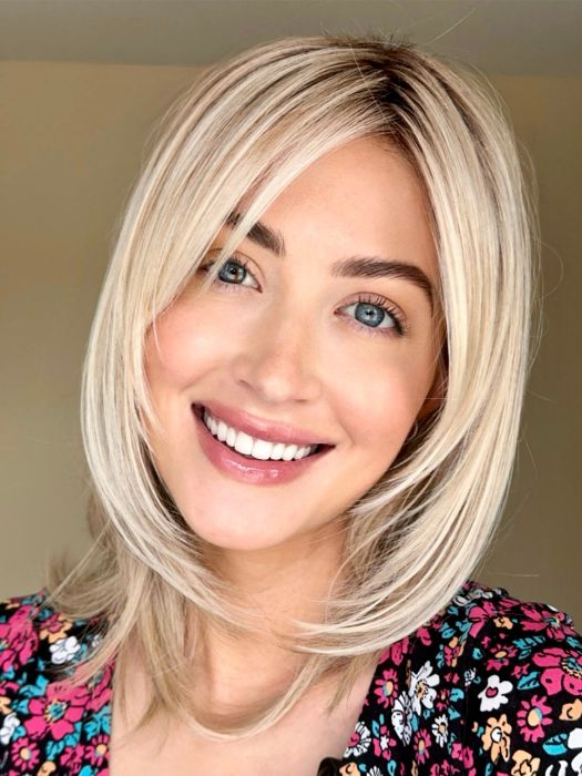 Steph @wigswithsteph wears LUNA by ELLEN WILLE in LIGHT-CHAMPAGNE-SHADED 101.23.20 | Lightest Neutral Blonde with Light Blonde and Silver White blend with light shaded roots