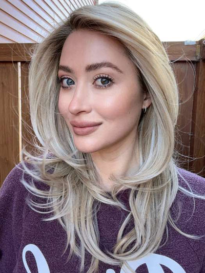 Steph @wigswithsteph wearing BEVERLY HILLS by BELLETRESS in color CRUSHED ALMOND BLONDE R | A soft Neutral Light Blonde with a Light and Medium Blended Root Color.