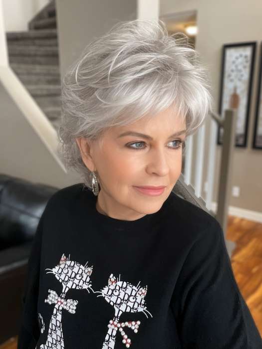 Donna @style.me.ageless wearing VILLANA by ELLEN WILLE in color LIGHT GREY MIX 60.56.58 | Dark/Lightest Brown and Lightest Blonde with Pearl White and a Grey Blend