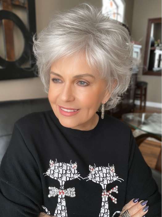 Donna @style.me.ageless wearing VILLANA by ELLEN WILLE in color LIGHT GREY MIX 60.56.58 | Dark/Lightest Brown and Lightest Blonde with Pearl White and a Grey Blend