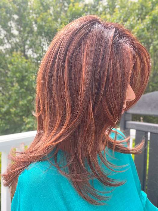 Sandy H. @i_be_wiggin wearing MUSIC by ELLEN WILLE in color CINNAMON BROWN ROOTED 33.30.6 | Dark Auburn, Light Auburn and Dark Brown Blend with Shaded Roots | outdoor lighting