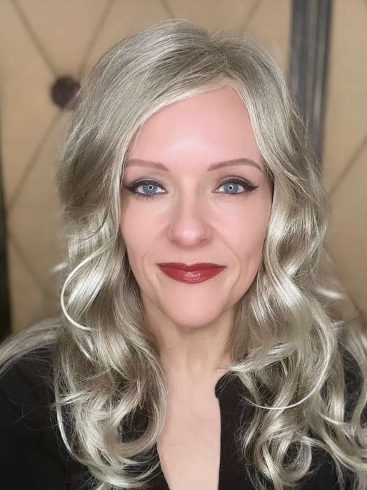 Marcie M. @wig.obsessed wearing AVALON by RENE OF PARIS in color ICE-BLOND | Ashy Blonde Base with White Gold Tips with Highlights Around Face