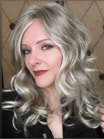 Marcie M. @wig.obsessed wearing AVALON by RENE OF PARIS in color ICE-BLOND | Ashy Blonde Base with White Gold Tips with Highlights Around Face