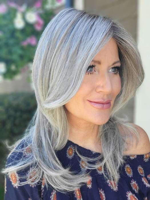 Natalie Gray @vanish.into.thin.hair wearing VOICE by ELLEN WILLE in color STONEGREY ROOTED 58.51.56 | Grey with Black/Dark Brown and Lightest Blonde Blend with Shaded Roots