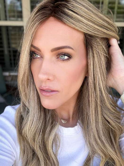 Kristyna Moore @kristynamoore wearing BRENNA by JON RENAU in color 24BT18S8 SHADED MOCHA | Medium Natural Ash Blonde and Light Natural Gold Blonde Blend, Shaded with Medium Brown | The wig pictured has been heat styled