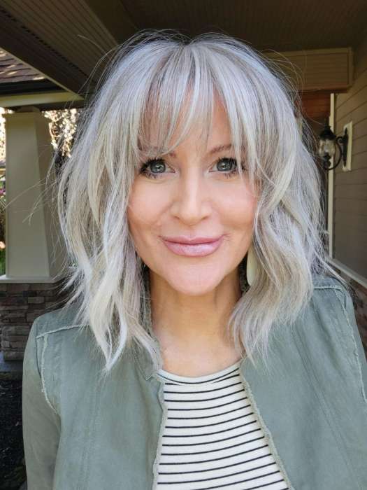 Natalie @vanish.into.thin.hair wearing HOLLIE by JON RENAU in color 56F51 OYSTER | Light Grey with 20% Medium Brown Front, graduating to Grey with 30% Medium Brown Nape