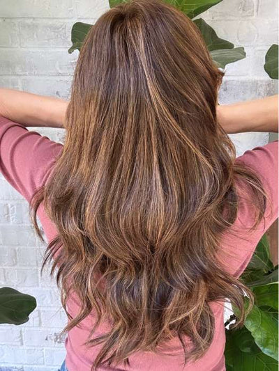 Marcie Mertz @wig.obsessed Wears AMBER by JON RENAU in 6F27 CARAMEL RIBBON | Brown with Light Red-Gold Blonde Highlights & Tips