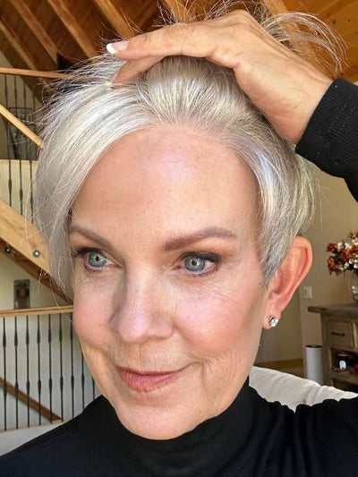 Sparky @an_affair_with_hair wearing JUMP by ELLEN WILLE in color SNOW MIX 60.56.58 | Pearl White, Lightest Blonde, and Black/Dark Brown with Grey Blend