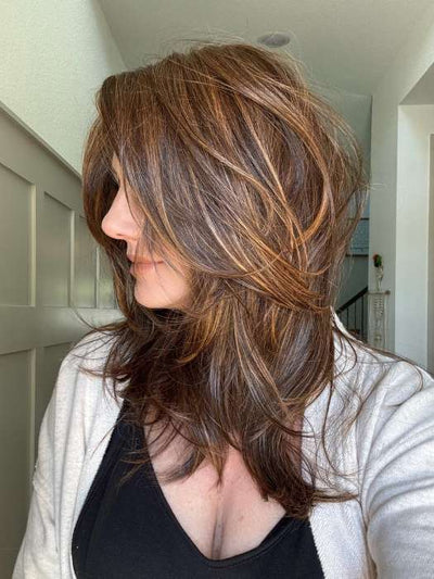 Jenny B @thewiggygirl in color  MOCHA MAPLE BROWN | A mix of Dark Brown, Medium Brown, Light Auburn, Medium Strawberry