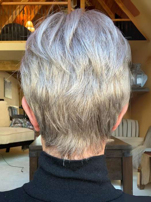 Sparky @an_affair_with_hair wearing JUMP by ELLEN WILLE in color SNOW MIX 60.56.58 | Pearl White, Lightest Blonde, and Black/Dark Brown with Grey Blend