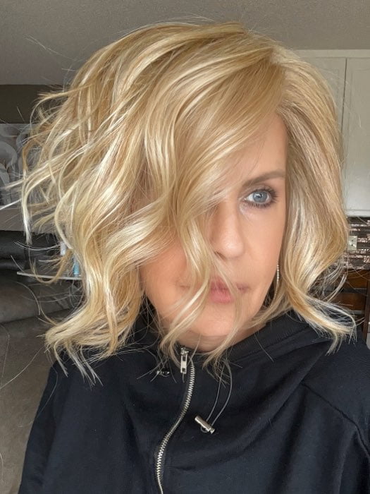 Donna @style.me.ageless wearing LOS ANGELES by BELLETRESS in color BUTTERCREAM BLONDE | A combination of Gold Blonde, Neutral Blonde, Sandy Blonde, with Pure Blonde highlights