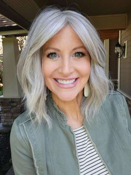 Natalie @vanish.into.thin.hair wearing HOLLIE by JON RENAU in color 56F51 OYSTER | Light Grey with 20% Medium Brown Front, graduating to Grey with 30% Medium Brown Nape