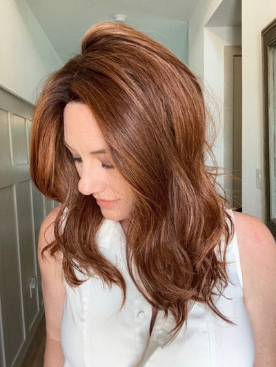 Jenny B. @thewiggygirl wearing LEONI by RENE OF PARIS in color AUTUMN SUNRISE | Neutral Medium-Brown Tone, softly blended with Light Ash Blonde