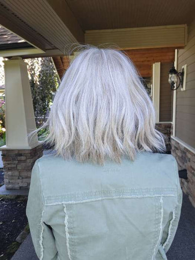 Natalie @vanish.into.thin.hair wearing HOLLIE by JON RENAU in color 56F51 OYSTER | Light Grey with 20% Medium Brown Front, graduating to Grey with 30% Medium Brown Nape