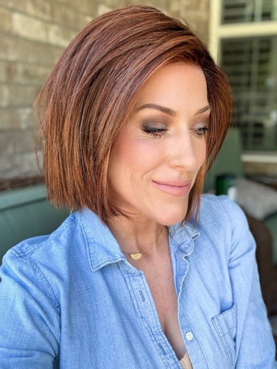 Kristyna Moore @kristynamoore wearing LIA II by ELLEN WILLE in color CINNAMON BROWN ROOTED 33.30.130 | Dark Auburn, Light Auburn and Deep Copper Brown with Dark Shaded Roots