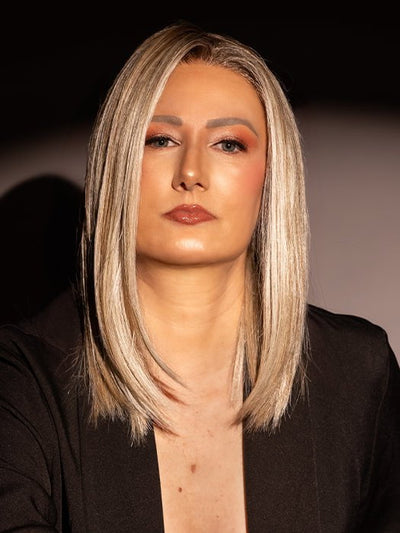 Tanya, model, wearing DRIVE by ELLEN WILLE in color PEARL BLONDE ROOTED 101.24.20 | Pearl Platinum, Dark Ash Blonde, and Medium Honey Blonde Mix  FB MAIN IMAGE