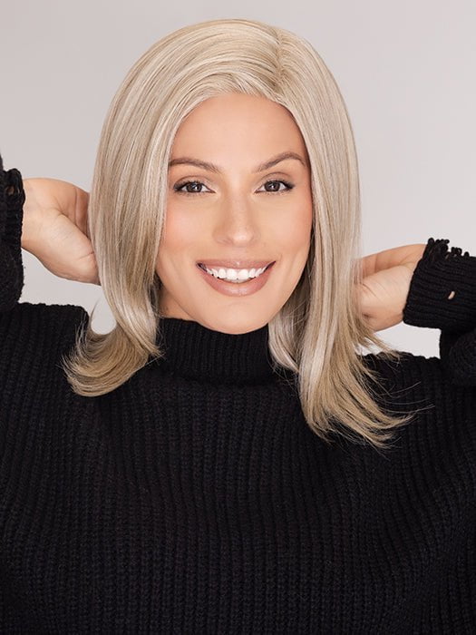 Roxie wearing RIVER by RENE OF PARIS in CREAMY-BLOND | Platinum and Light Gold Blonde evenly blended