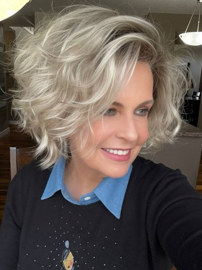 Donna @style.me.ageless wearing MOVIE STAR by ELLEN WILLE in color CHAMPAGNE ROOTED 23.24.16 | Light Beige Blonde, Medium Honey Blonde, and Platinum Blonde blend with Dark Roots