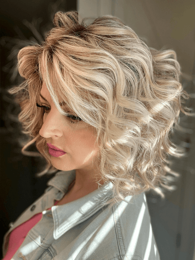 Sandy Holston @i_be_wiggin wearing ECLAT by ELLEN WILLE in color PEARL-BLONDE-ROOTED 101.16.1001 | Pearl Platinum, Dark Ash Blonde, and Medium Honey Blonde mix