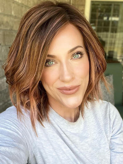 Kristyna Moore @kristynamoore wearing DELIGHT (heat-styled through the ends) by ELLEN WILLE in color ROSEWOOD ROOTED | Medium Brown, Caramel, and Rose Gold blend with Shaded Roots