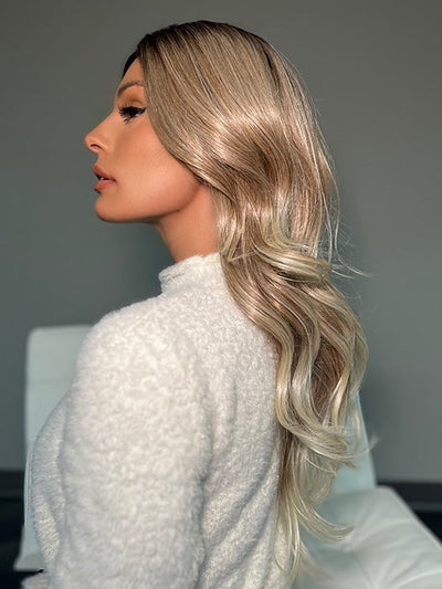 MELTED-MARSHMALLOW | Subtly Warm Dark Sandy Blonde Blend with Medium Brown Roots and Light Ash Blonde Tips and Highlights