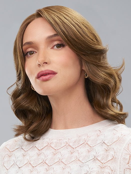 This mid-length wig will sweep you off your feet with its luxurious barrel curls and side-swept bangs