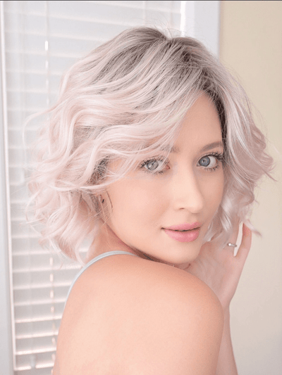 Steph B. @wigswithsteph wearing JANUARY by JON RENAU in color FS60/PKS18 FROST | Pure White with Pink Blended. Shaded with Dark Natural Ash Blonde