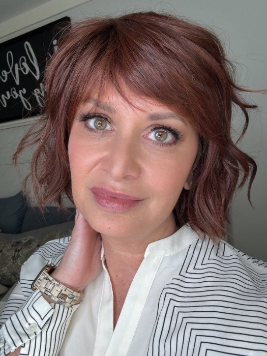 Emily @she_sheds_more wearing TREND by TRESSALLURE in color 33/130/R4 | Dark Auburn Bright Auburn Blend Rooted Dark Brown