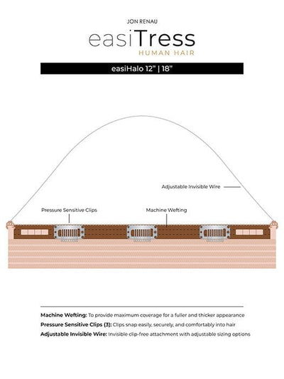 The easiHalo 12" features an adjustable visible wire, 3 pressure sensitive clips and is machine wefted
