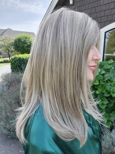 SHADE LIGHTING in COLOR | SHAKEN OATMILK BLONDE R | A Medium and Light Brown Base with Cool and Neutral Blonde, and Light Blonde Highlights with a Medium Brown Root