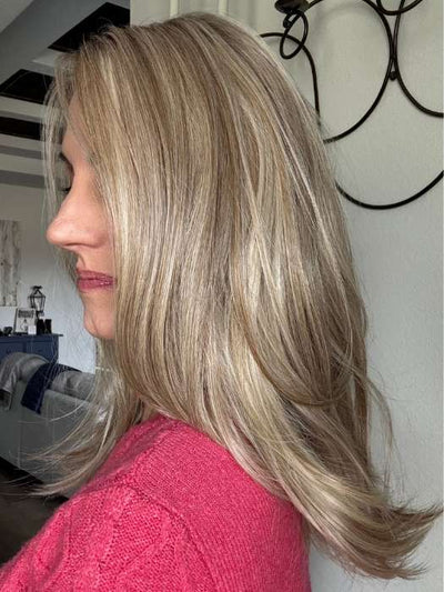 Lisa @beautifulyouwigreviews wearing CELINE by BELLETRESS in color BURNT BISCUIT BLONDE | A Blend of Sand, Honey, and Creamy Soft Blonde with a Medium Root
