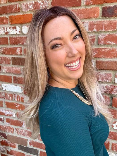 Jen Brown @being_mrs_brown wearing LENNOX by RENE OF PARIS in color MELTED-MARSHMALLOW | Subtly warm dark sandy blonde blend with medium brown roots and light ash blonde tips and highlights
